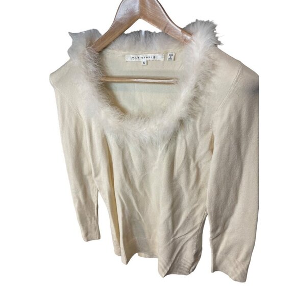 Max Studio Cream Knit Silk Blend Fitted Top with Feathery Boa Neckline Sz S - Picture 3 of 9